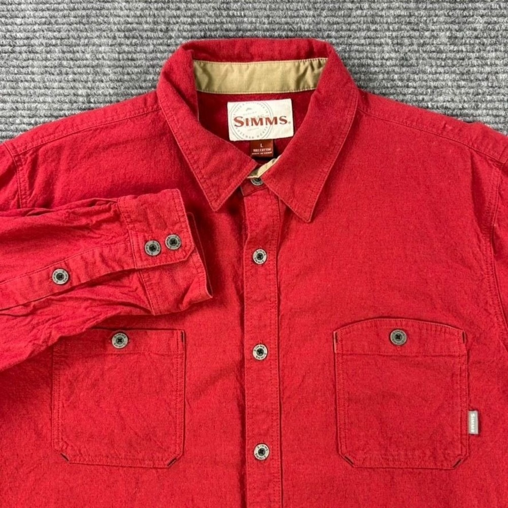 Simms Black's Ford Long Sleeve Flannel Shirt Red Button-Up‎ Mens Large Outdoors